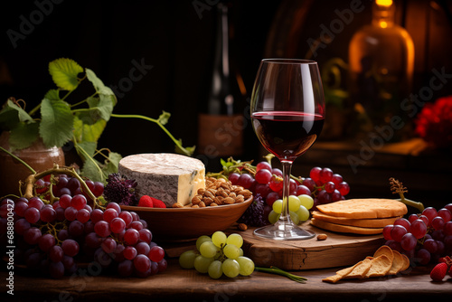 Beautiful composition with wine bottle  grape and cheese  ai generated
