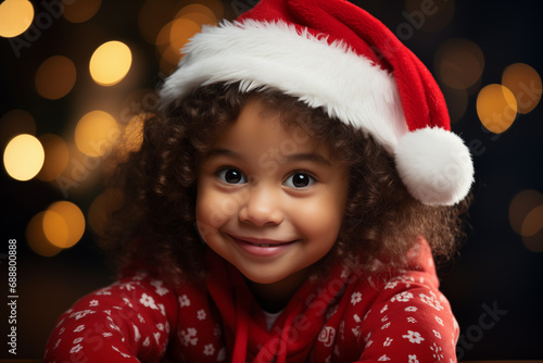 Cute child has fun outdoors on christmas decorations background, ai generated