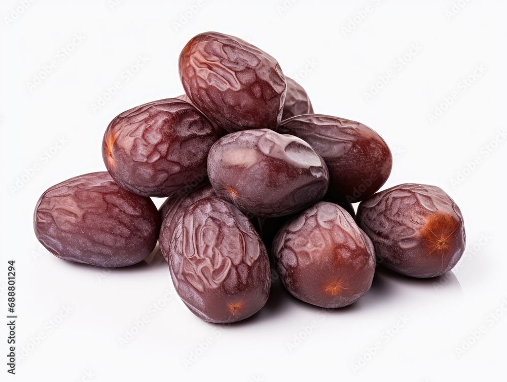 Obraz premium Dry Plums Isolated, Dried Black Fruits, Prune Group, Dry Plum Fruit on White Background