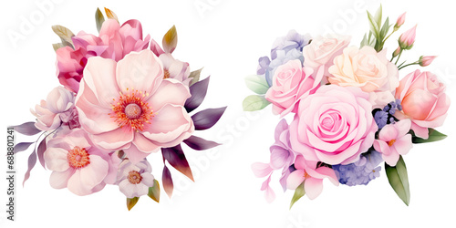bouquet of flowers for wedding or invitation card in watercolor and pink and purple theme.