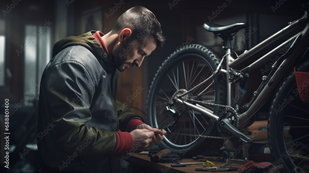 Concentrated man fixing a mountain bike in a dimly lit workshop, tools scattered around Concentrated man fixing a mountain bike in a dimly lit workshop, tools scattered around