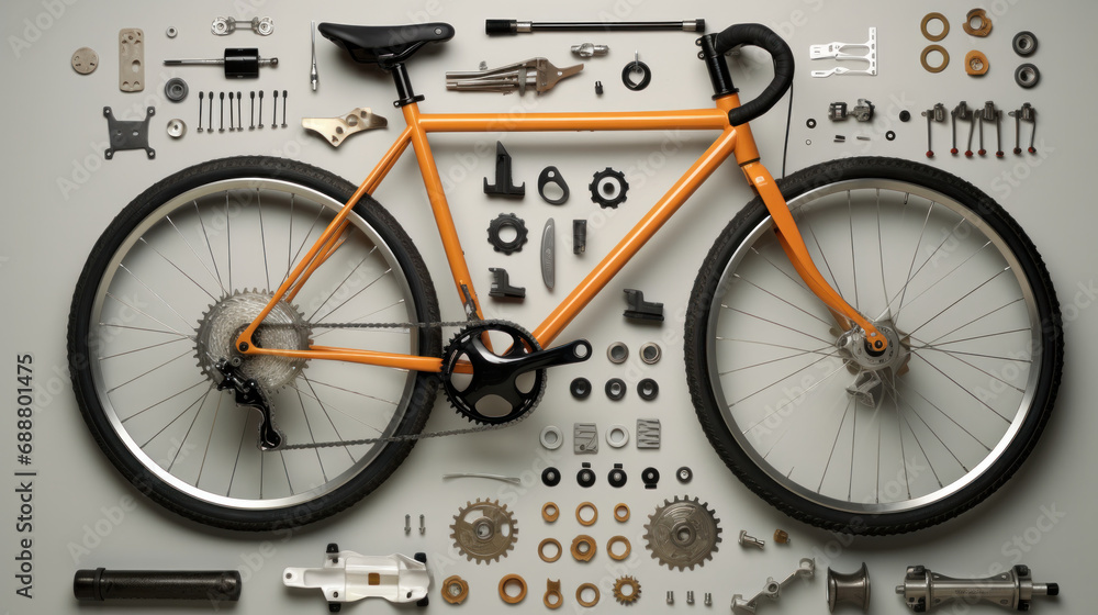 Top view of a disassembled orange bicycle and its various parts laid out neatly - obrazy, fototapety, plakaty 