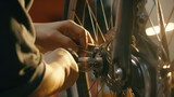 Mechanic's hand tuning a bike's disc brake, with warm light highlighting the precision work
