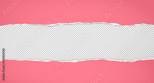 Torn, ripped pink paper strips with soft shadow are on squared background for text or ad.