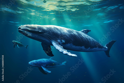 Whale and Calves - Massive and majestic, whale calves nurse from their mother's milk and learn migratory patterns