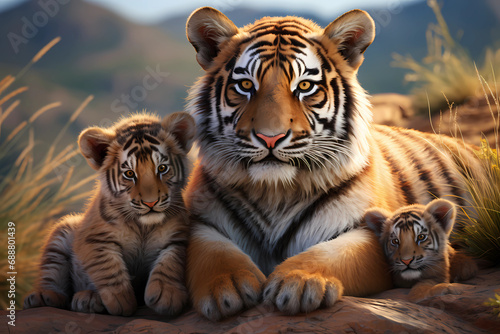 Tiger and Cubs - Fierce and inquisitive  tiger cubs stay close to their mother s side for protection