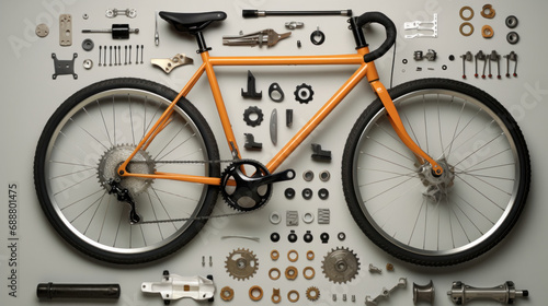 Top view of a disassembled orange bicycle and its various parts laid out neatly