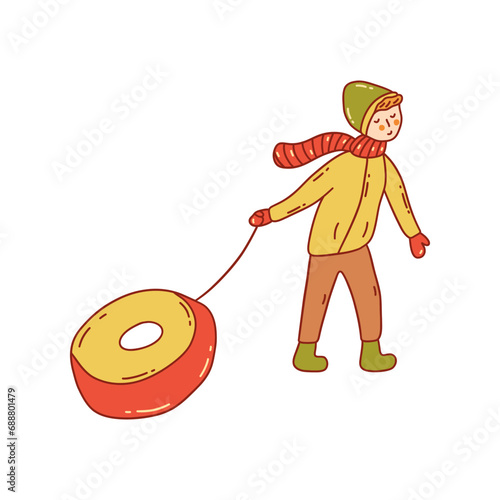 Boy is walking and dragging an inflatable tube for riding down the hill. Cheerful child. Winter outdoor activities and sports. Inflatable sled. Vector colorful illustration isolated hand drawn