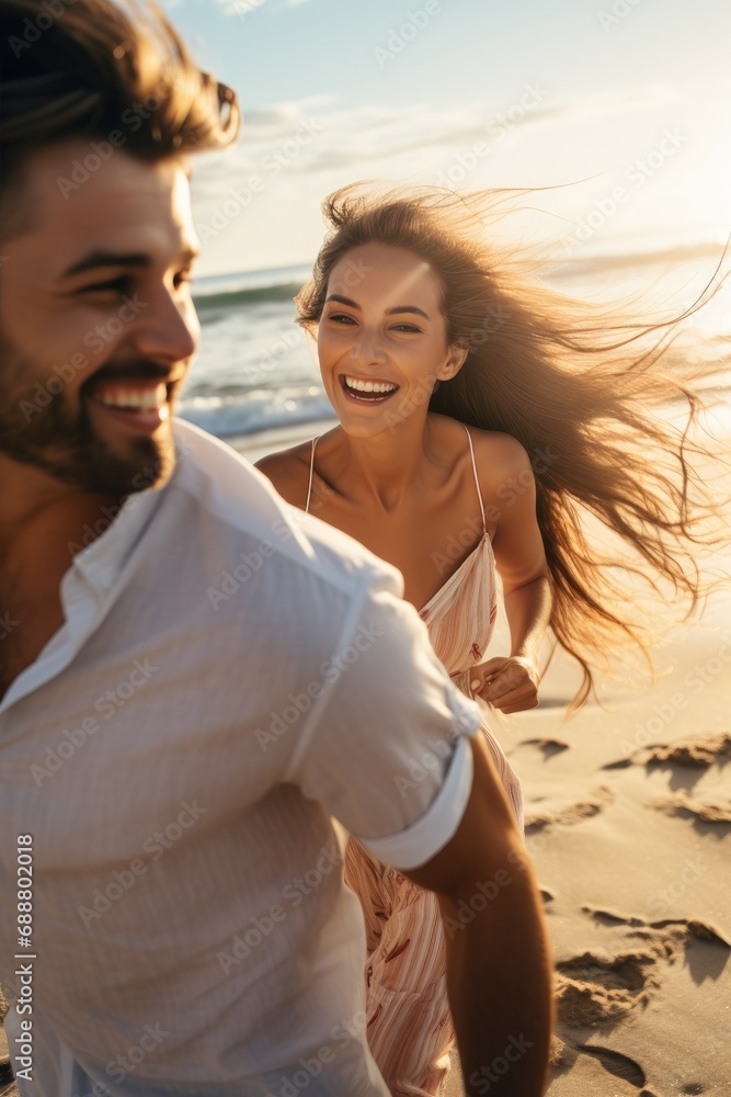 Joyful couple strolls along seashore during beach honeymoon Joyful couple strolls along seashore during beach honeymoon