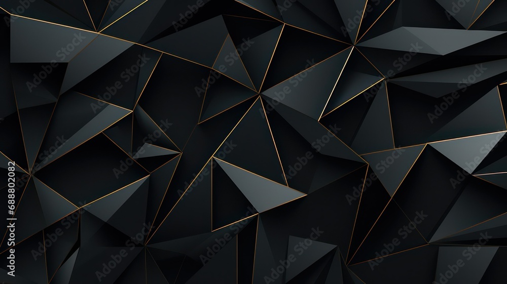 Flat geometric pattern in black with fine golden lines created with Generative AI - obrazy, fototapety, plakaty 
