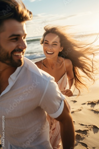 Joyful couple strolls along seashore during beach honeymoon