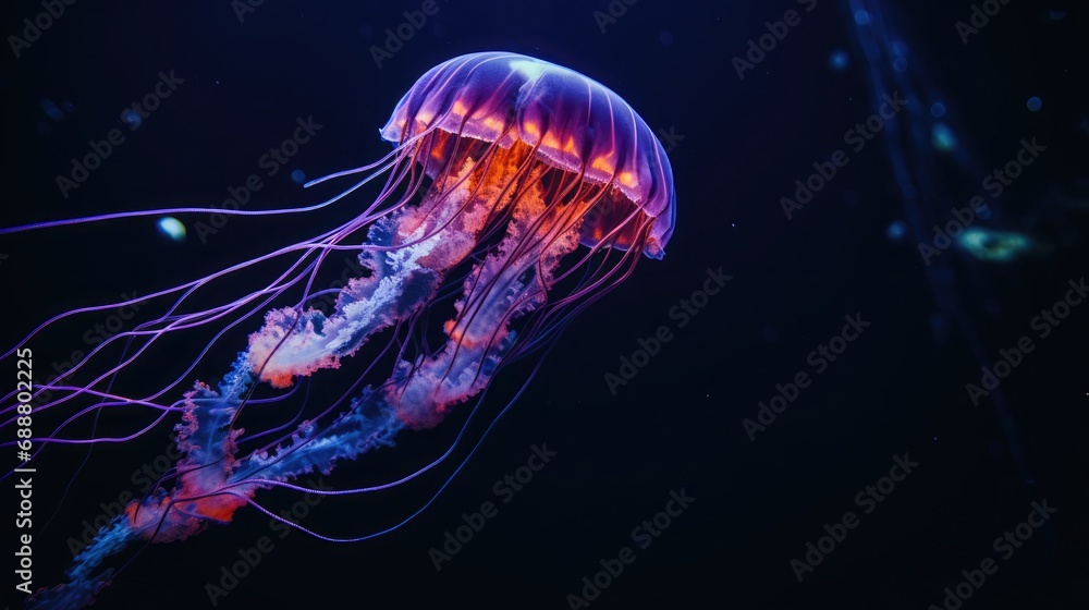 beautiful neon glowing jellyfish with long tentacles. Generative AI	