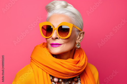Generative AI image of stylish senior woman with bold accessories photo
