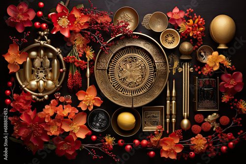 Generative AI image of an opulent asian still life with golden artifacts photo