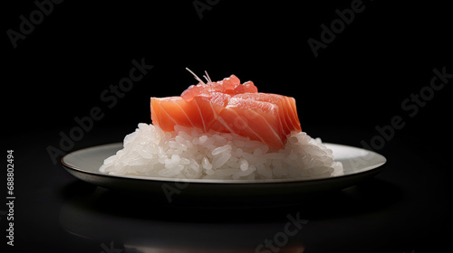 Generative AI image of sushi rice and raw salmon on a plate with dark background photo