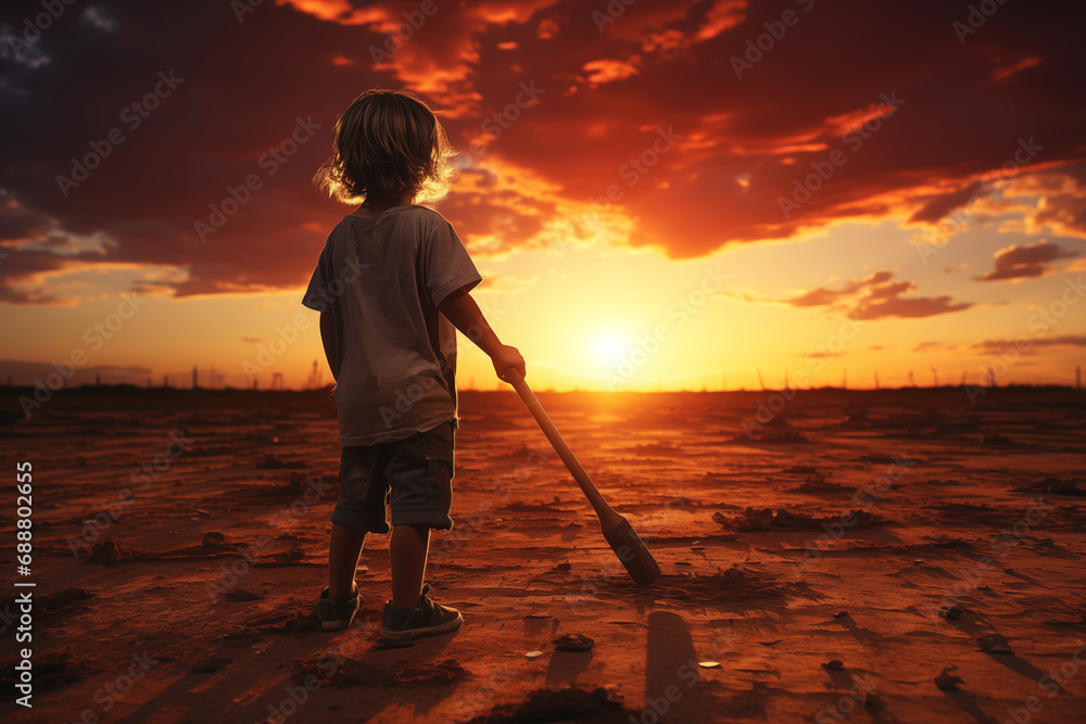 nostalgic photo of a child swinging a baseball bat with the sun setting in the background, photo, minimalistic cinematic style