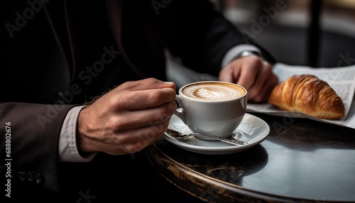 Hand of a business man holding a cup of coffee in a cafe with a pastry or croissant on a newspaper