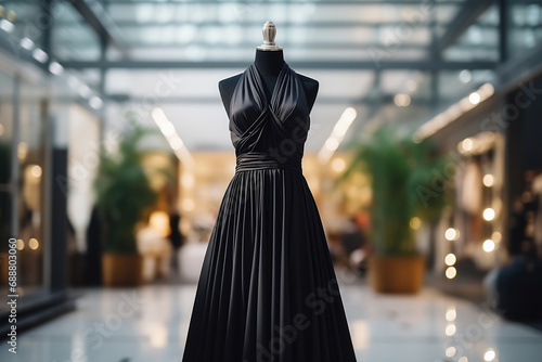 Elegant luxury women's black dress on a mannequin in window display in shopping center. Dress for reception or celebration.