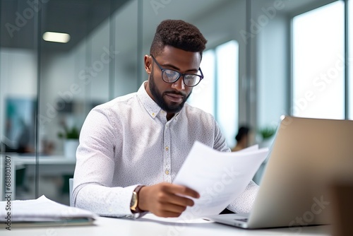 Young busy professional business man checking document working at laptop computer in office. Serious businessman accountant expert reading legal paper company file overview at workplace. photo