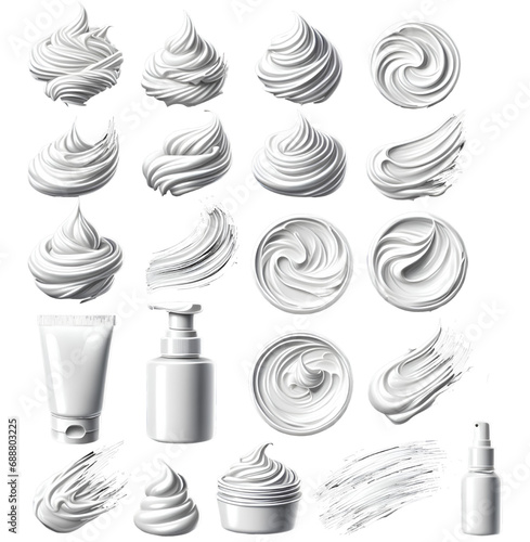Cream texture strokes isolated on transparent background. Facial creme, foam, gel or body lotion skincare swatch set. Vector white face cosmetic product smears.