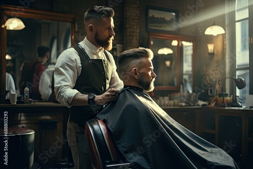 barbershop concept. Close-up side view of young bearded man getting beard haircut by hairdresser at barbershop