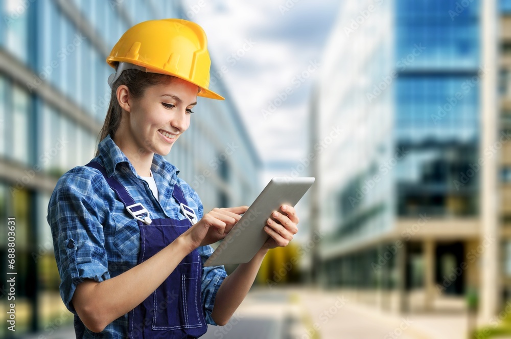 Engineer worker woman holding plans at construction site Engineer worker woman holding plans at construction site
