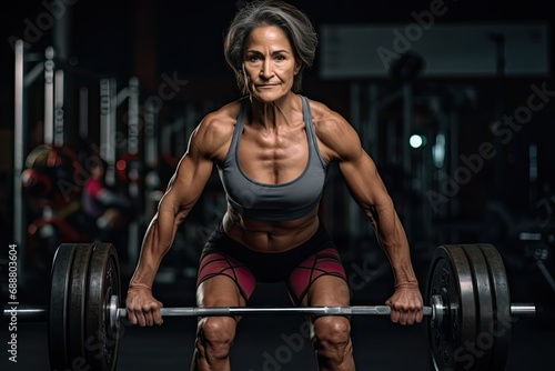 training with dumbbell. senior woman lifting weights. gym concept