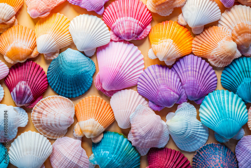 Colorful seashells background. Top view, flat lay.