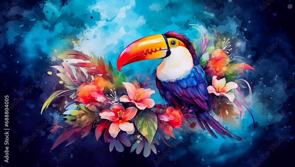 Colorful toucan bird with tropical flowers modern art with splash of paint, drips on bright background. Tropical hornbill paradise travel vacation, cute cartoon exotic jungle graphic resource by Vita - obrazy, fototapety, plakaty 