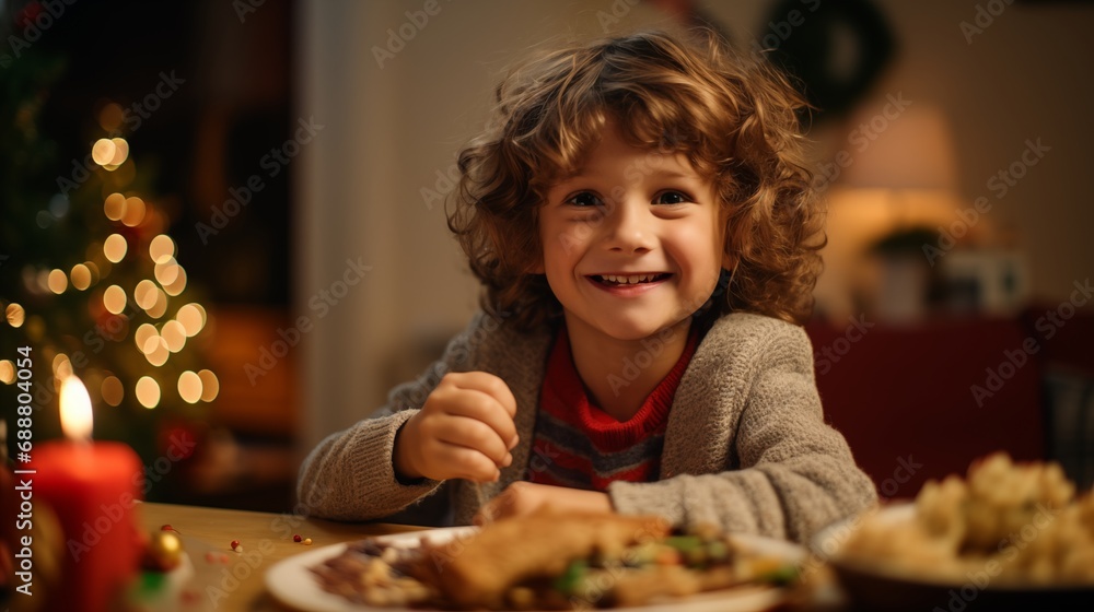 Happy child sitting at Christmas dinner at home with a candle and festive dishes on a table