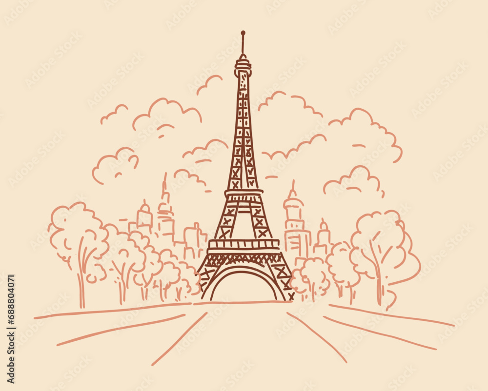 Eiffel Tower in Paris. Landmark of Paris. Illustration in doodle style