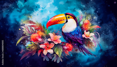 Colorful toucan bird with tropical flowers modern art with splash of paint, drips on bright background. Tropical hornbill paradise travel vacation, cute cartoon exotic jungle graphic resource by Vita photo