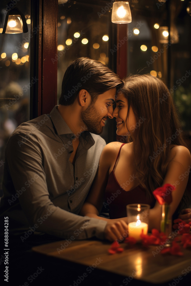 Young couple is enjoying a romantic dinner at a cozy restaurant
