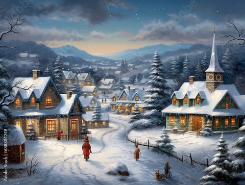 Magical Christmas night scene. Winter village landscape.