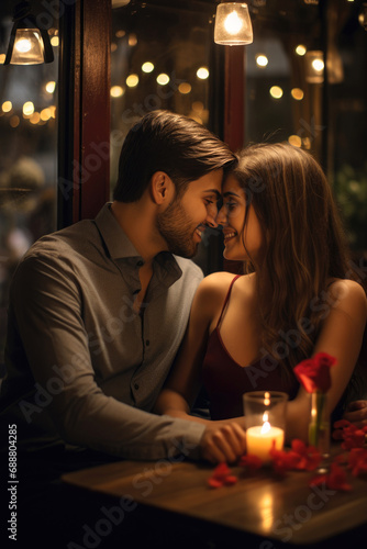 Young couple is enjoying a romantic dinner at a cozy restaurant