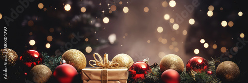Christmas banner. Background Xmas design with festive gift boxes and Christmas balls. Horizontal Christmas header with golden bokeh. photo
