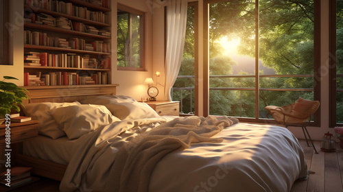  A cozy and warmly lit bedroom  adorned with a tranquil atmosphere. A cup of coffee or tea and an open book rest on the bed  creating a comfortable and inviting scene.
