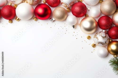 Christmas and New Year colorful balls and stars lying on white flat lay background.