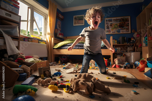 Boy yelling and making a mess in his bedroom. photo