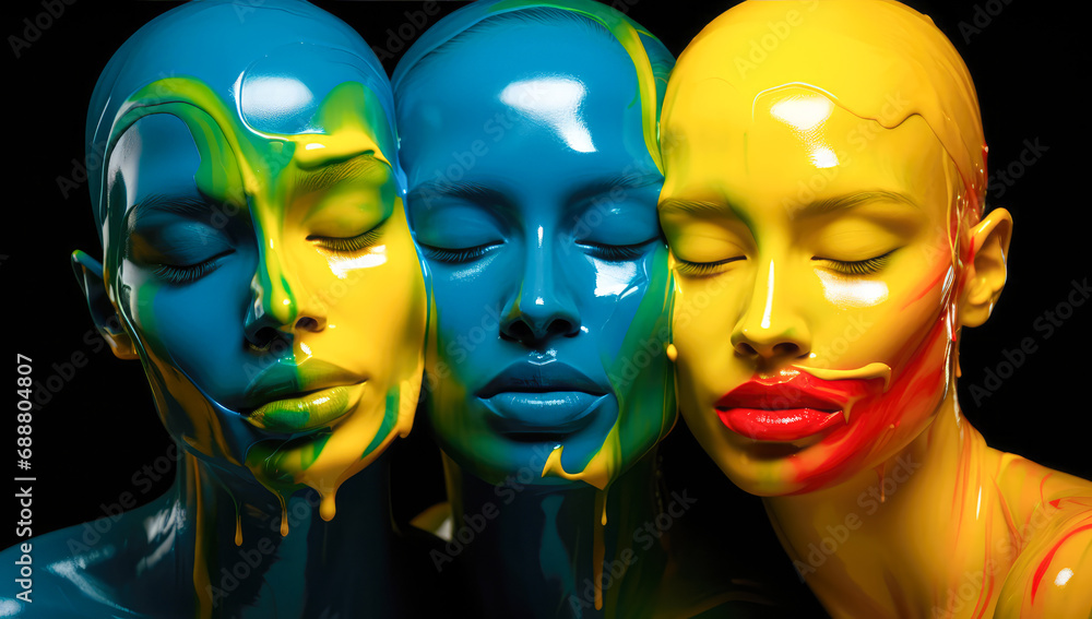 An abstract close-up portrait of young attractive women on whose faces paint flows and overflows in many shades of colors, an explosion of liquid in blue-yellow tones.