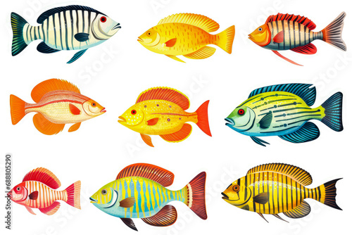 Set of tropical fish on a white background. illustration in cartoon style.
