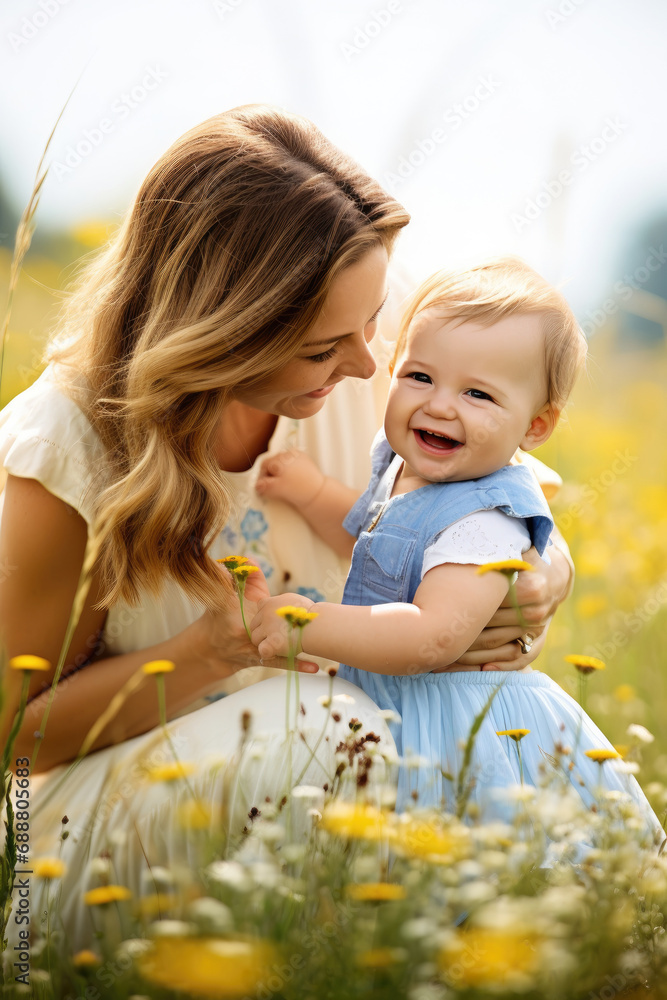 Happy mom is holding a baby and playing on the grass at a bright sunshine Happy mom is holding a baby and playing on the grass at a bright sunshine
