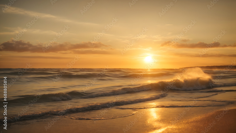 Golden Sunset Beach - Sunlight Glistening on Ocean Waves with Captivating Flare Effects.