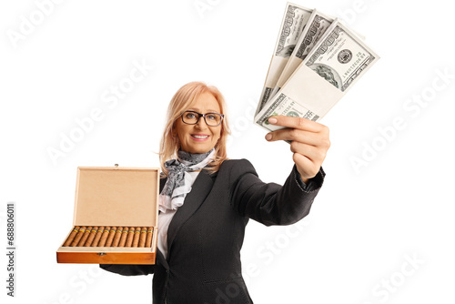 Photography Woman holding a wooden box of cigars and stacks of money