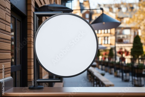 Company branding in focus with a round white sign mockup in a country city photo