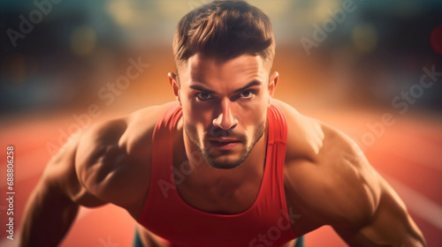 Close up photography of a fit, muscular and handsome young male runner athlete wearing red athletic t shirt getting ready to sprint on a racetrack. Sport lifestyle, athletics competition