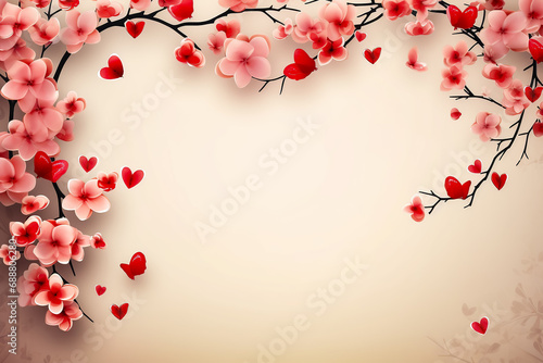 Delicate pink and red flowers and hearts as a symbol of love are mixed on a Valentine's Day greeting card template