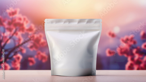 White Blank Mockup Doypack Packaging Standing on A Blurred Cherry Blossoms Background, White Doypack Packaging Template To Customize, With Feminine Accent