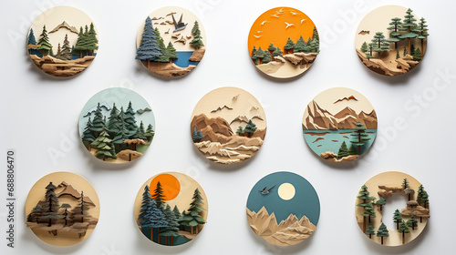 set of round icons with various landscapes, isolated on the white background.