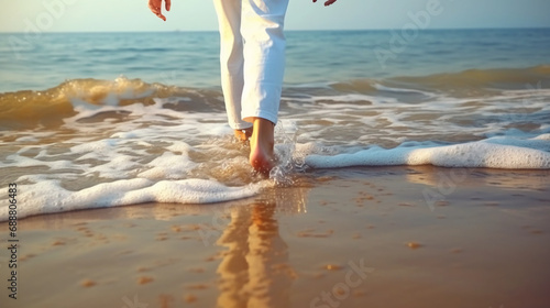 a woman walks along the beach at sunset, in the style of fluid and loose, hyper-realistic water.